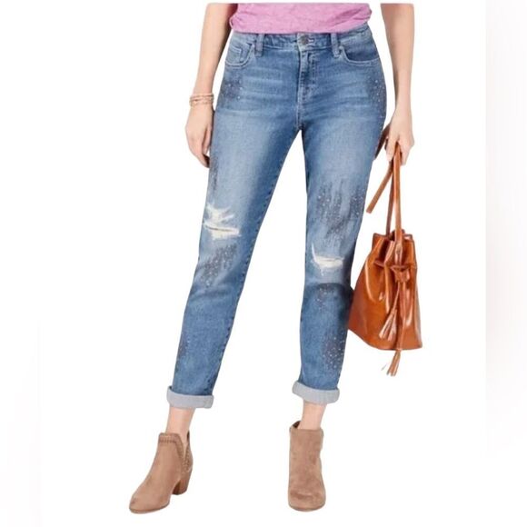 NWT Style& co Blue Beaded Embroidered Denim Distressed Boyfriend Jeans Size 8 - Picture 1 of 15